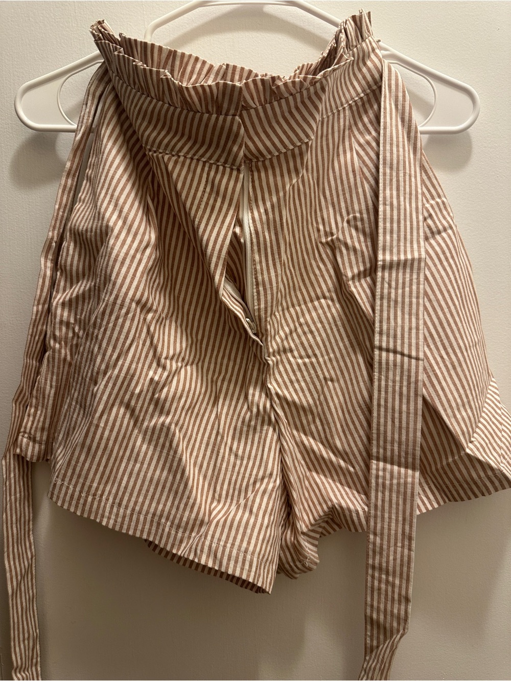 High Waisted Beige Striped Paperbag Shorts with Tie Belt